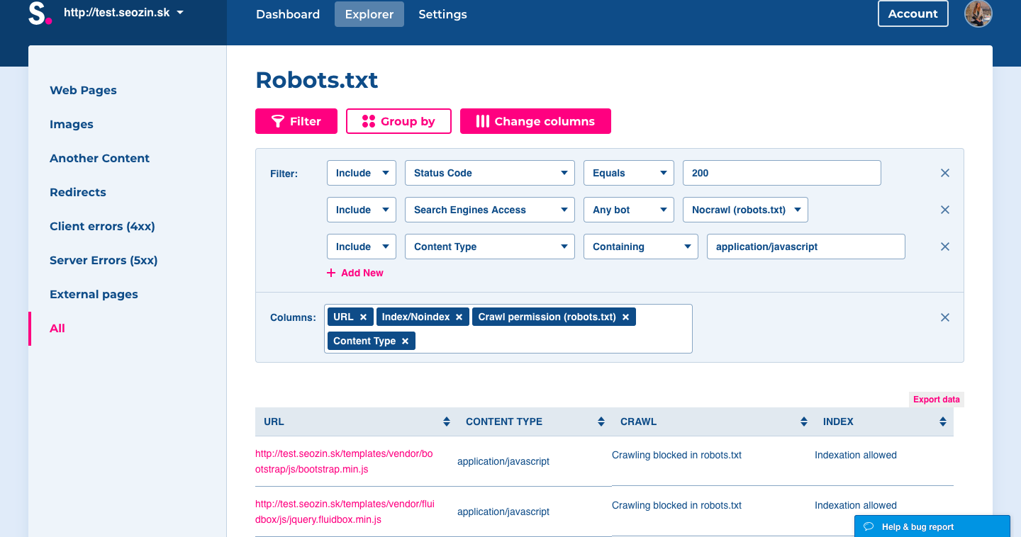 How to find pages with javascript disallowed in robots.txt